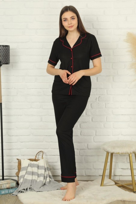 Pijamoni | Kadın Pijama Takımı Kısa Kol Viskon Önden Düğmeli