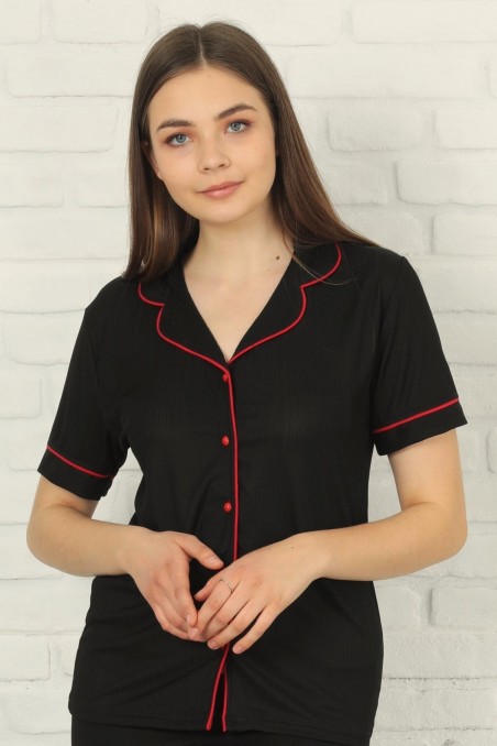 Pijamoni | Kadın Pijama Takımı Kısa Kol Viskon Önden Düğmeli