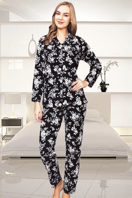 Işılay | Kadın Pijama Takımı Uzun Kollu İnterlok Süet Önden Düğmeli