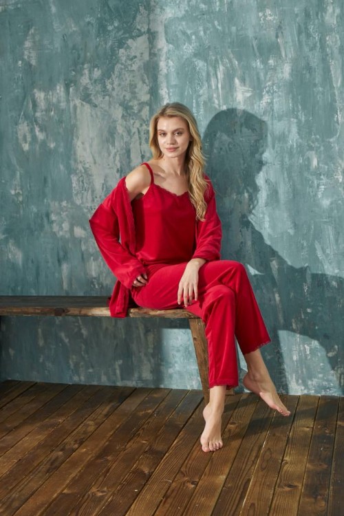 Mihra | Kadın Pijama Takımı Soft Fransız Kadife Dantelli Sabahlıklı 3 lü Takım