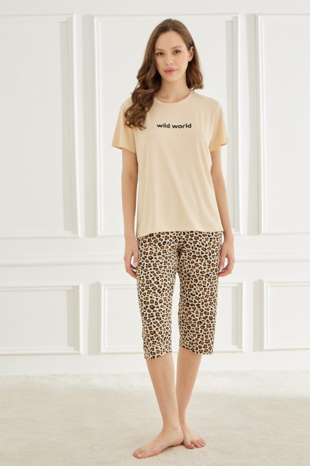 Mihra | Kadın Pijama Takımı Kapri Kısa Kol Sıfır Yaka