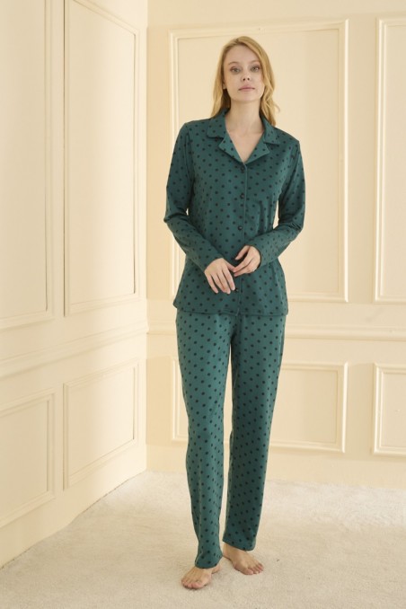 Mihra | Kadın Pijama Takımı Uzun Kol Önden Düğmeli Gömlek Yaka