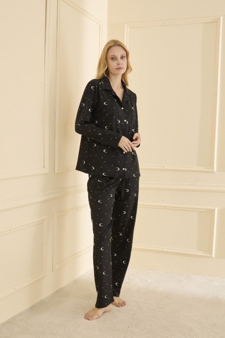 Mihra | Kadın Pijama Takımı Uzun Kol Önden Düğmeli Gömlek Yaka