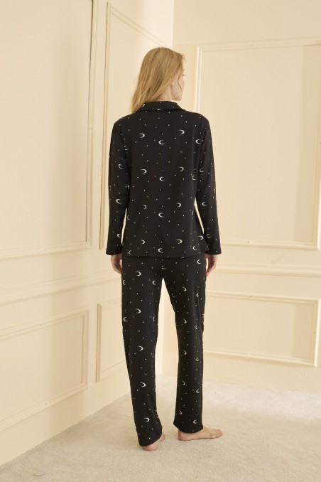 Mihra | Kadın Pijama Takımı Uzun Kol Önden Düğmeli Gömlek Yaka