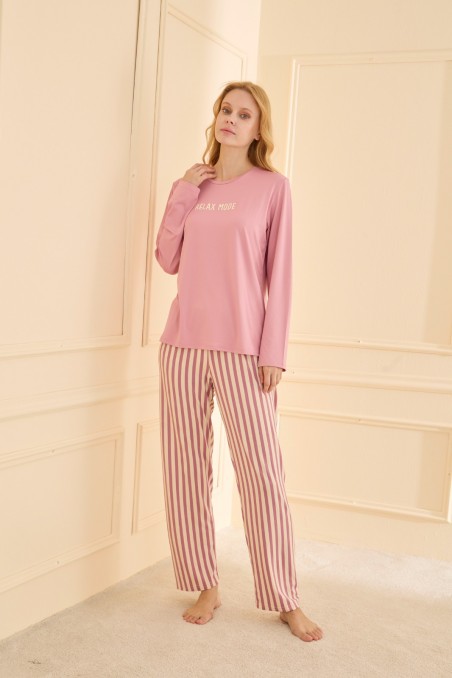 Mihra | Kadın Pijama Takımı Uzun Kol Sıfır Yaka