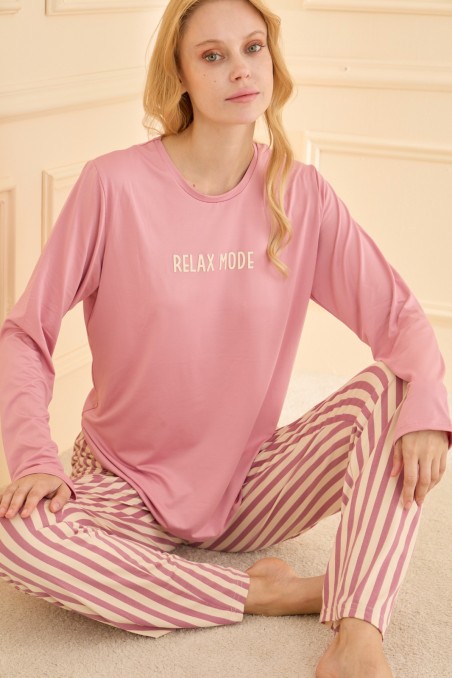 Mihra | Kadın Pijama Takımı Uzun Kol Sıfır Yaka