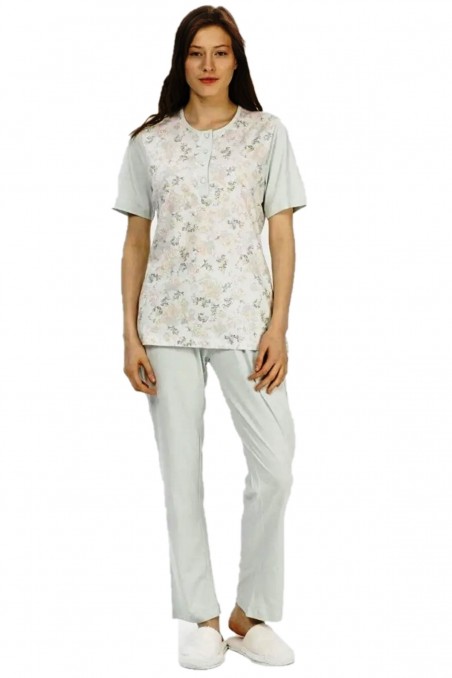 Pijadore | Kadın Pijama Takımı Kısa Kollu Desenli Düğmeli Yazlık