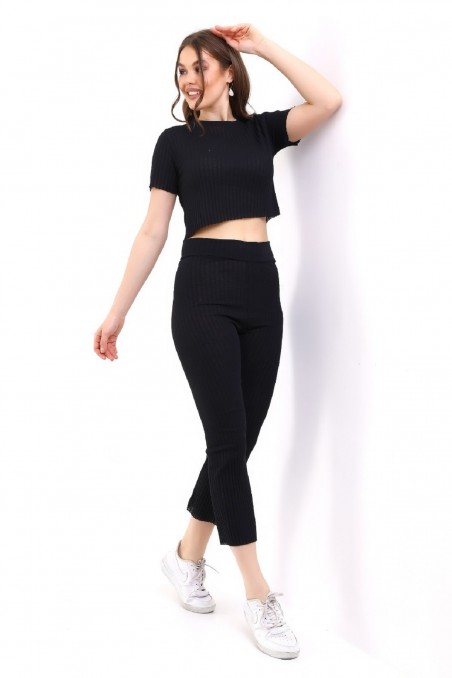 Kadın Kısa Kol Kaşkorse Crop Takım Pamuklu Bisiklet Yaka Fitilli