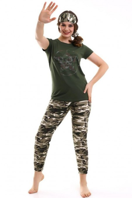 Calimera | Kadın Pijama Takımı Kısa Kollu Pamuklu Penye Kamuflaj