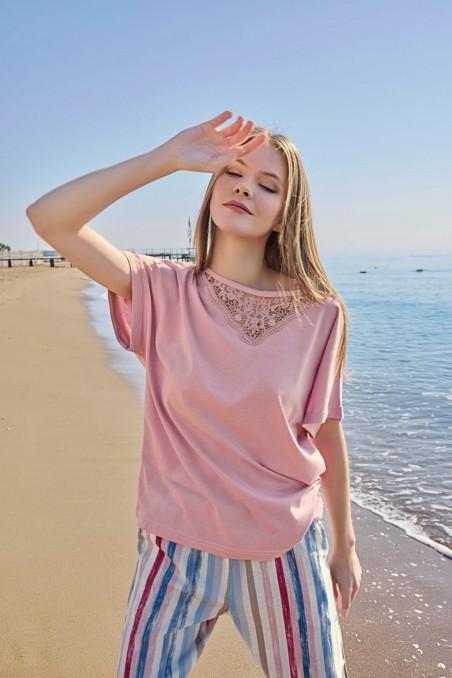 Aydoğan | Kadın Pijama Takımı & Ev Giyim Kısa Kol Keten Pamuk Dantel Yaka