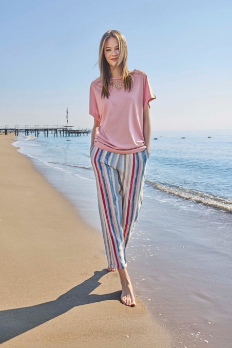 Aydoğan | Kadın Pijama Takımı & Ev Giyim Kısa Kol Keten Pamuk Dantel Yaka